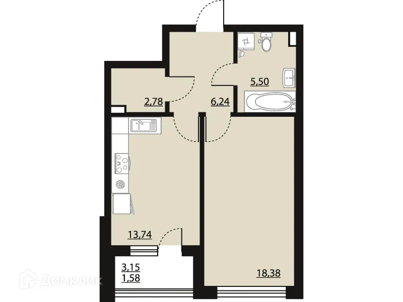 Планировка 1-комнатной квартиры 48.22 м² в ЖК "Бунин", г. Воронеж — фото 2