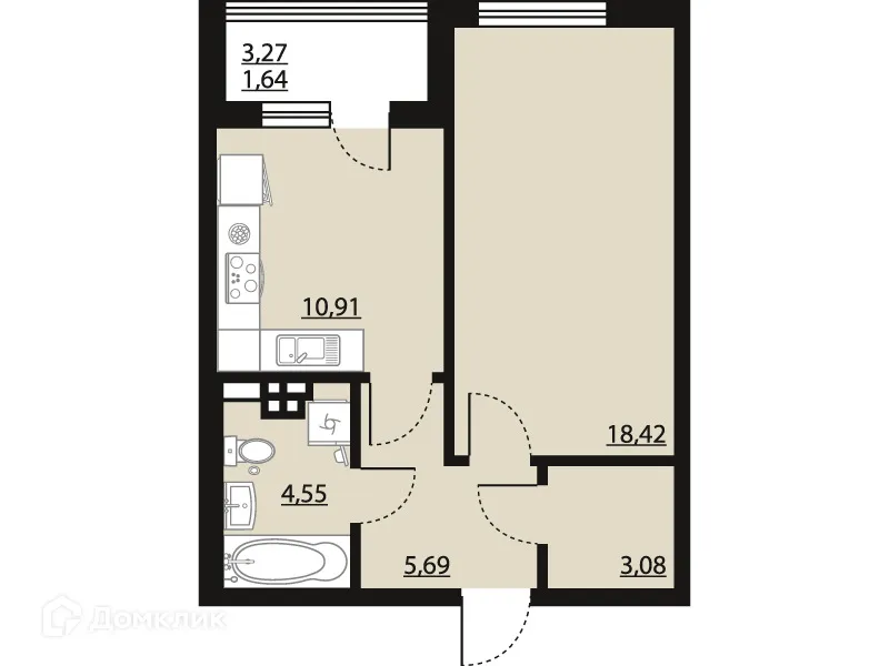 Планировка 1-комнатной квартиры 44.29 м² в ЖК "Бунин", г. Воронеж — фото 2