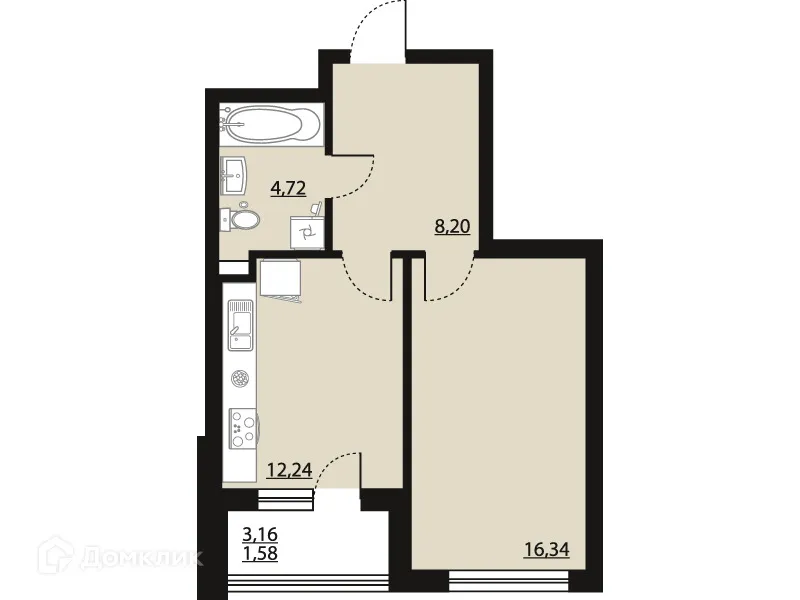 Планировка 1-комнатной квартиры 43.08 м² в ЖК "Бунин", г. Воронеж — фото 1