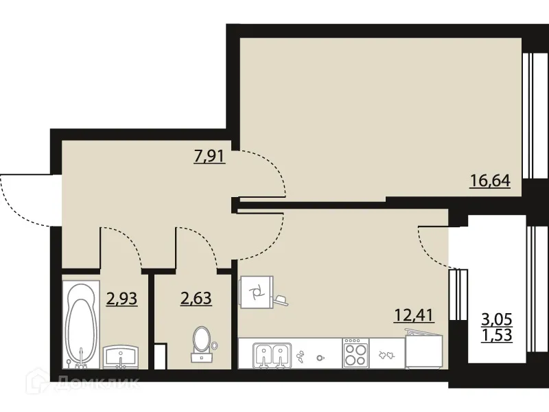 Планировка 1-комнатной квартиры 44.05 м² в ЖК "Бунин", г. Воронеж — фото 1