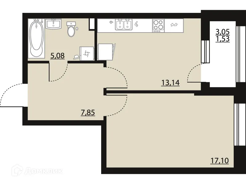 Планировка 1-комнатной квартиры 44.7 м² в ЖК "Бунин", г. Воронеж — фото 1