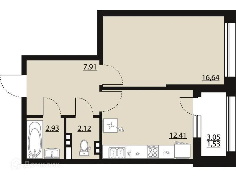 Планировка 1-комнатной квартиры 43.54 м² в ЖК "Бунин", г. Воронеж — фото 1