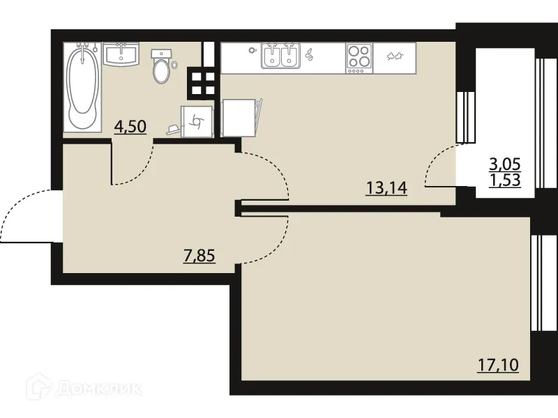 Планировка 1-комнатной квартиры 44.12 м² в ЖК "Бунин", г. Воронеж — фото 1