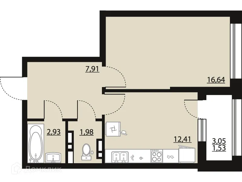 Планировка 1-комнатной квартиры 43.4 м² в ЖК "Бунин", г. Воронеж — фото 1