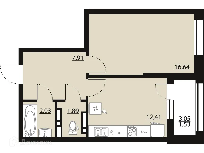 Планировка 1-комнатной квартиры 43.31 м² в ЖК "Бунин", г. Воронеж — фото 1