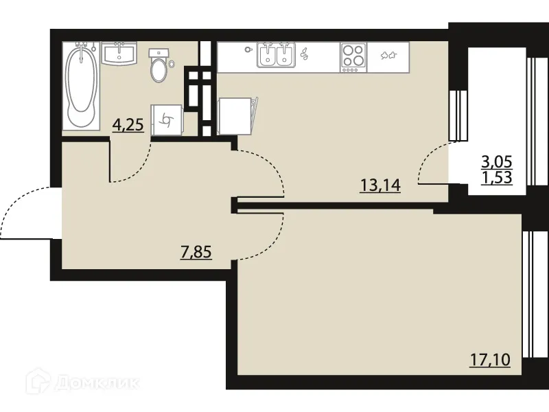 Планировка 1-комнатной квартиры 43.87 м² в ЖК "Бунин", г. Воронеж — фото 1