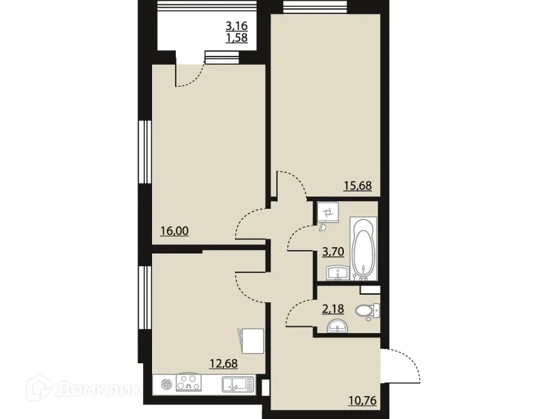 Планировка 2-комнатной квартиры 62.58 м² в ЖК "Бунин", г. Воронеж — фото 1