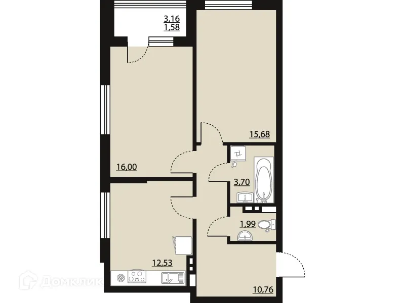 Планировка 2-комнатной квартиры 62.24 м² в ЖК "Бунин", г. Воронеж — фото 1