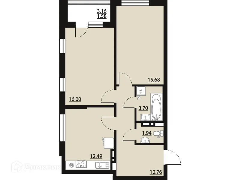 Планировка 2-комнатной квартиры 62.15 м² в ЖК "Бунин", г. Воронеж — фото 1