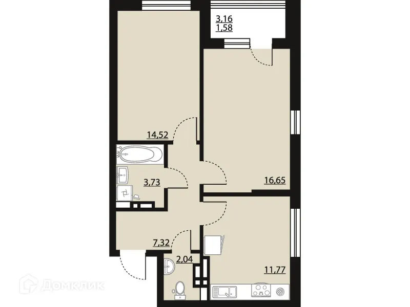 Планировка 2-комнатной квартиры 57.61 м² в ЖК "Бунин", г. Воронеж — фото 1