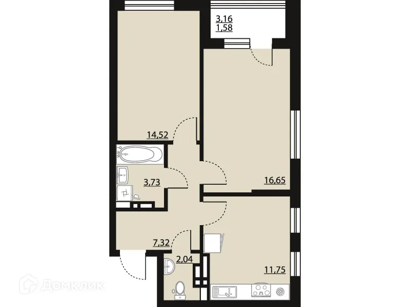 Планировка 2-комнатной квартиры 57.59 м² в ЖК "Бунин", г. Воронеж — фото 1