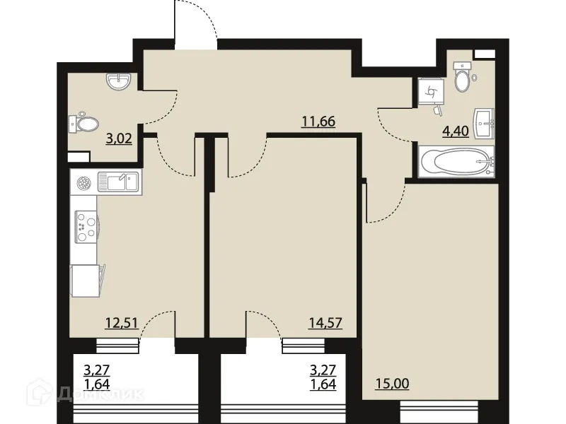 Планировка 2-комнатной квартиры 64.44 м² в ЖК "Бунин", г. Воронеж — фото 1