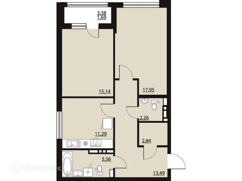 Планировка 2-комнатной квартиры 70.22 м² в ЖК "Бунин", г. Воронеж — фото 1