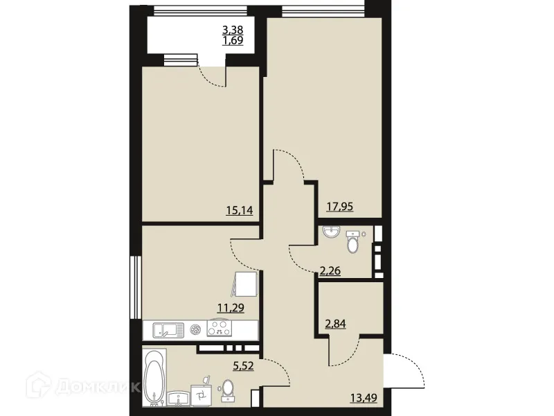 Планировка 2-комнатной квартиры 70.18 м² в ЖК "Бунин", г. Воронеж — фото 1