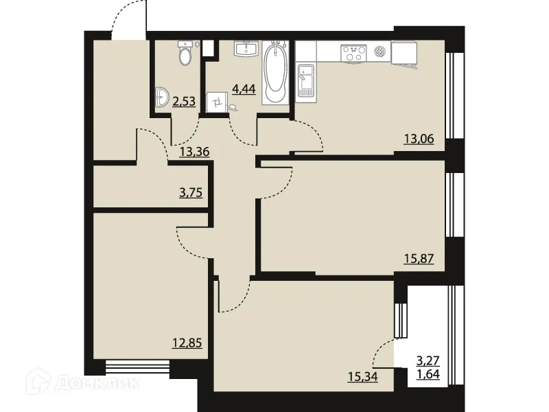 Планировка 3-комнатной квартиры 82.84 м² в ЖК "Бунин", г. Воронеж — фото 1