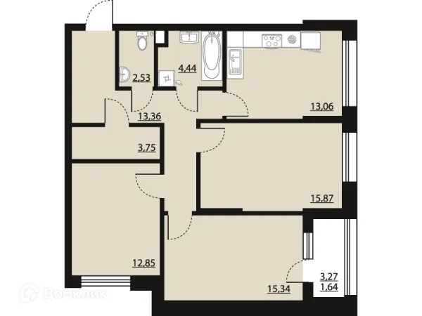 Планировка 3 комн. в ЖК "Бунин"