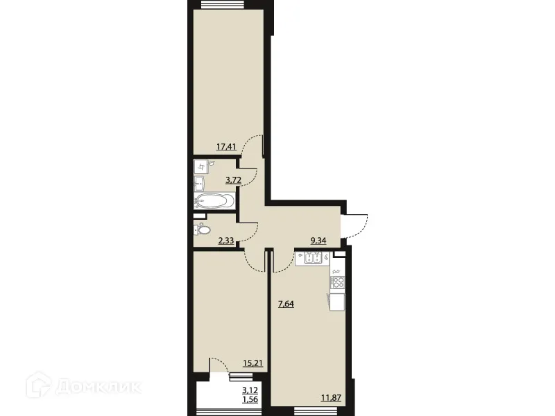 Планировка 2-комнатной квартиры 69.08 м² в ЖК "Бунин", г. Воронеж — фото 1