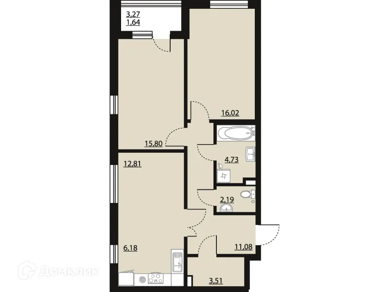 Планировка 2-комнатной квартиры 73.96 м² в ЖК "Бунин", г. Воронеж — фото 1
