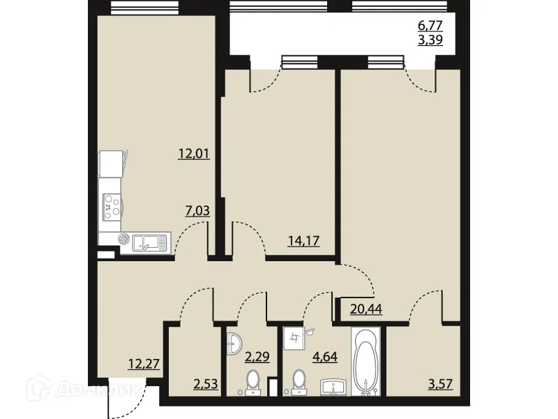 Планировка 2-комнатной квартиры 82.34 м² в ЖК "Бунин", г. Воронеж — фото 1