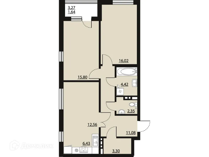 Планировка 2-комнатной квартиры 73.6 м² в ЖК "Бунин", г. Воронеж — фото 1