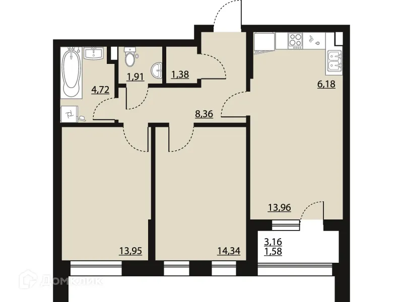 Планировка 2-комнатной квартиры 66.38 м² в ЖК "Бунин", г. Воронеж — фото 1