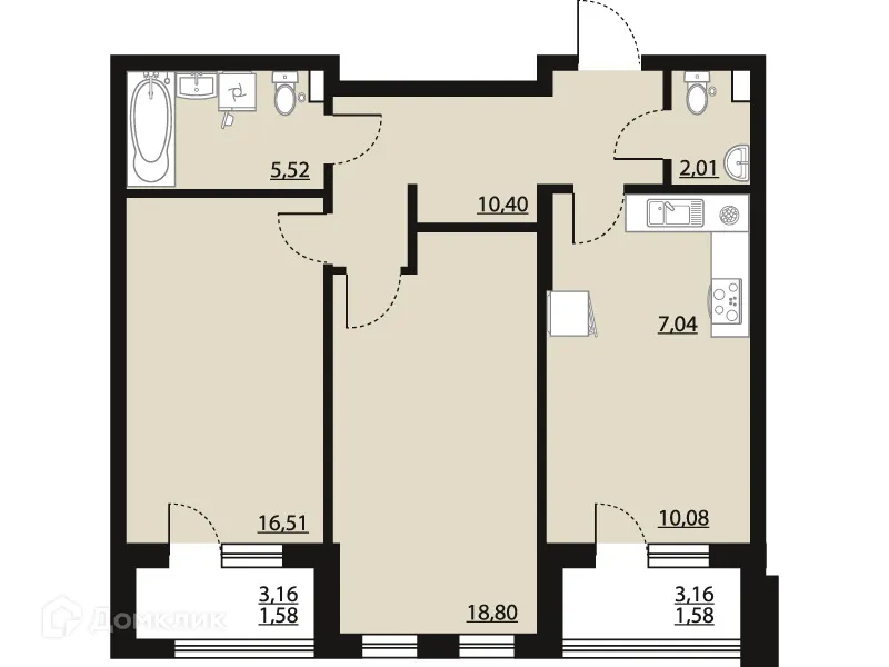 Планировка 2-комнатной квартиры 73.52 м² в ЖК "Бунин", г. Воронеж — фото 1