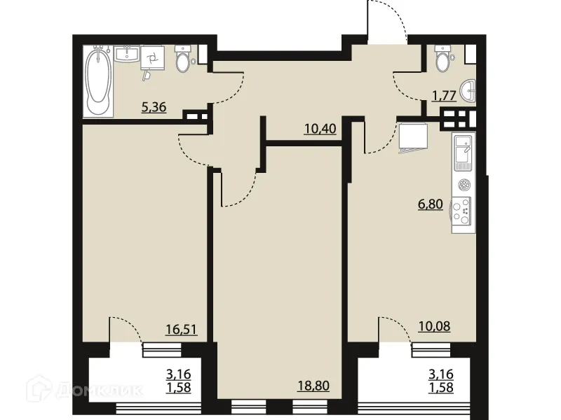 Планировка 2-комнатной квартиры 72.88 м² в ЖК "Бунин", г. Воронеж — фото 1