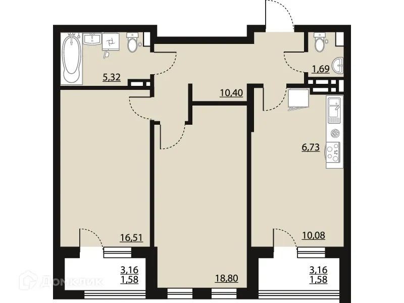 Планировка 2-комнатной квартиры 72.69 м² в ЖК "Бунин", г. Воронеж — фото 1