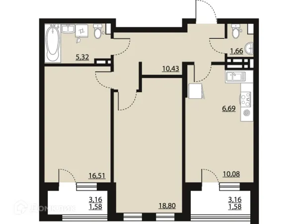 Планировка 2 комн. в ЖК "Бунин"