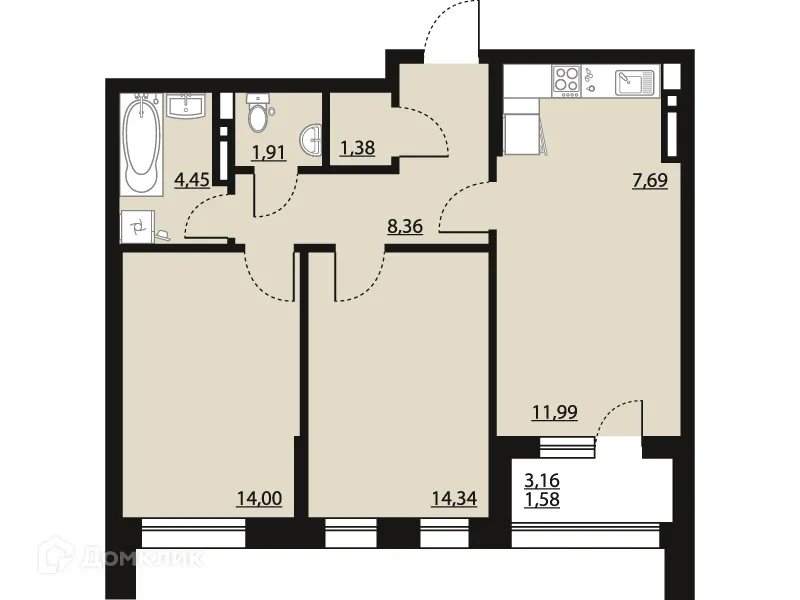 Планировка 2-комнатной квартиры 65.7 м² в ЖК "Бунин", г. Воронеж — фото 1