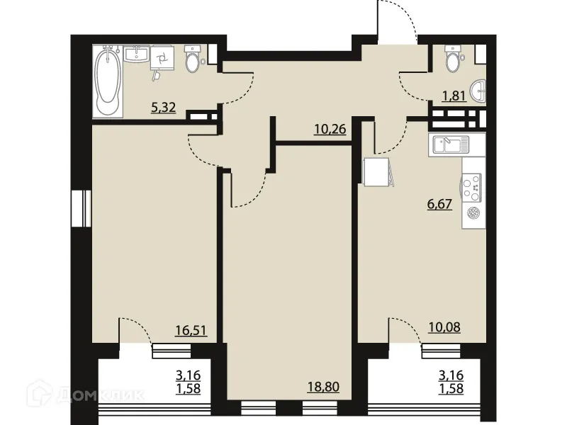 Планировка 2-комнатной квартиры 72.61 м² в ЖК "Бунин", г. Воронеж — фото 1