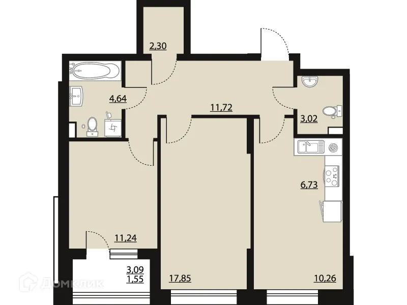 Планировка 2-комнатной квартиры 69.31 м² в ЖК "Бунин", г. Воронеж — фото 1