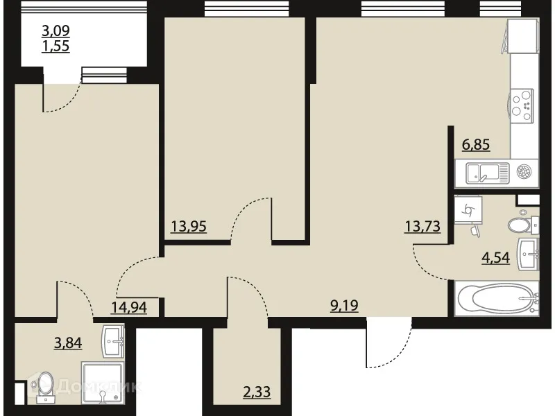 Планировка 2-комнатной квартиры 70.92 м² в ЖК "Бунин", г. Воронеж — фото 1