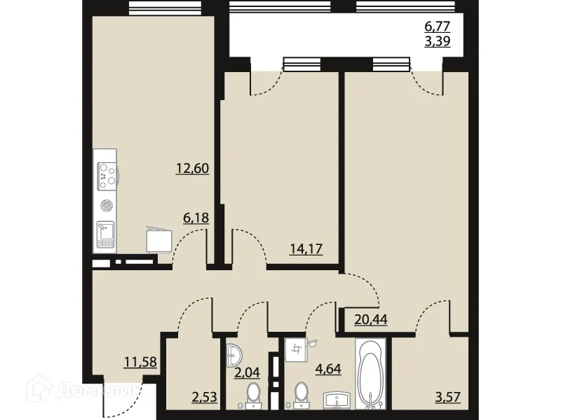 Планировка 2-комнатной квартиры 81.14 м² в ЖК "Бунин", г. Воронеж — фото 1