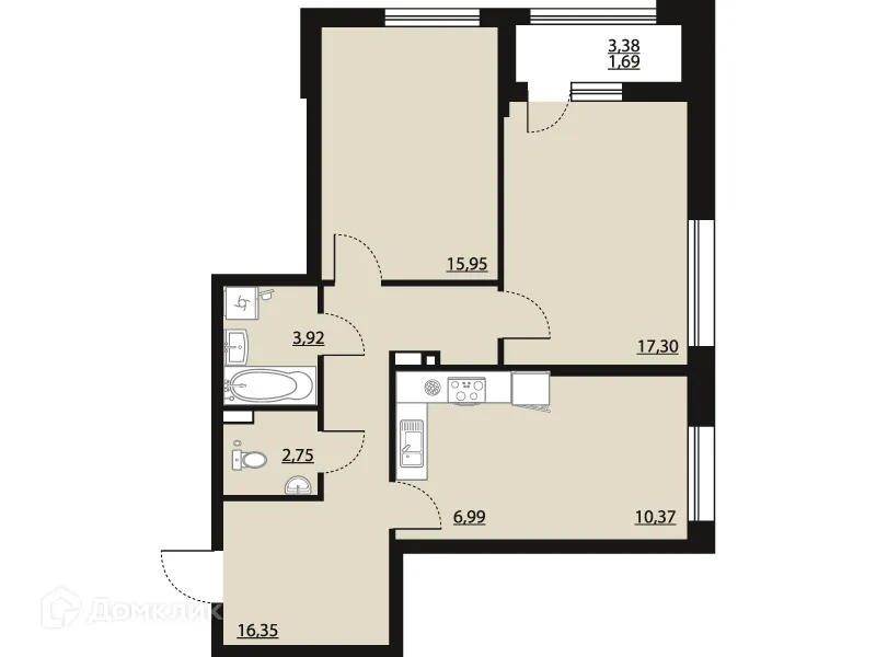 Планировка 2-комнатной квартиры 75.32 м² в ЖК "Бунин", г. Воронеж — фото 1