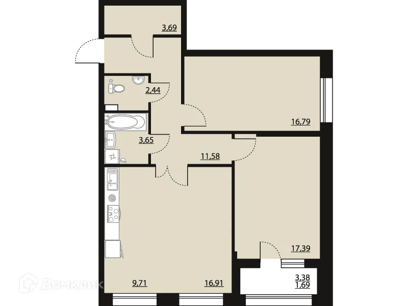 Планировка 2-комнатной квартиры 83.85 м² в ЖК "Бунин", г. Воронеж — фото 1