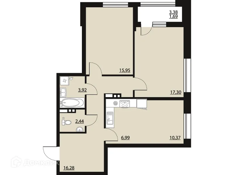 Планировка 2-комнатной квартиры 74.94 м² в ЖК "Бунин", г. Воронеж — фото 1