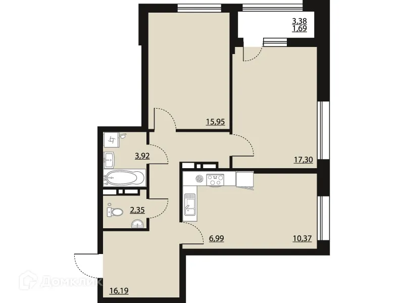Планировка 2-комнатной квартиры 74.76 м² в ЖК "Бунин", г. Воронеж — фото 1
