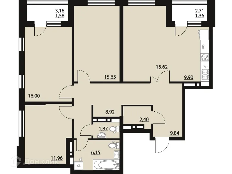 Планировка 3-комнатной квартиры 101.25 м² в ЖК "Бунин", г. Воронеж — фото 1