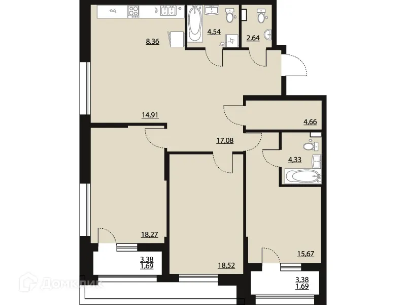Планировка 3-комнатной квартиры 112.36 м² в ЖК "Бунин", г. Воронеж — фото 1