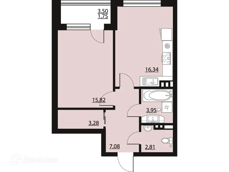 Планировка 1-комнатной квартиры 51.03 м² в ЖК "Бунин", г. Воронеж — фото 1