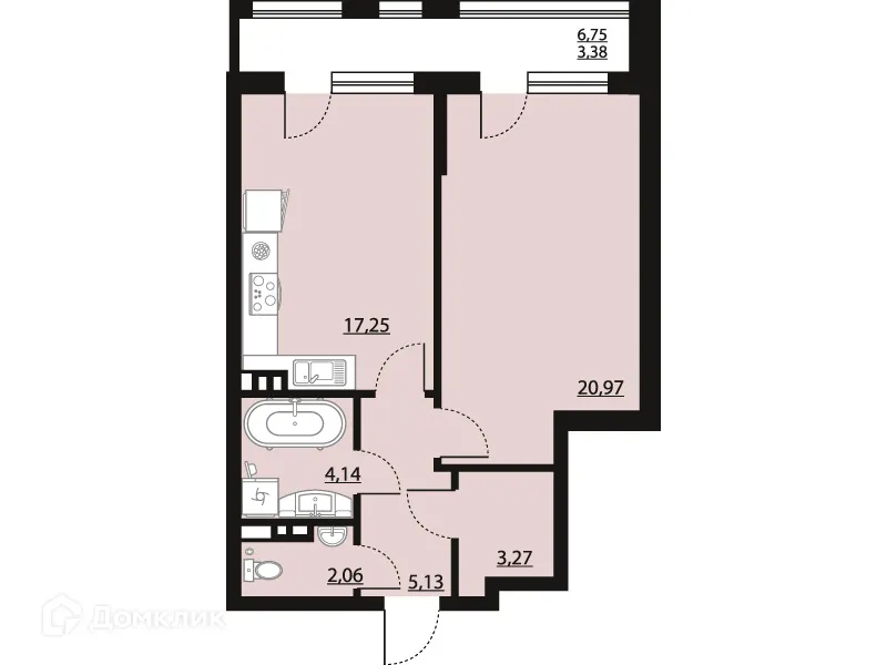 Планировка 1-комнатной квартиры 56.2 м² в ЖК "Бунин", г. Воронеж — фото 1