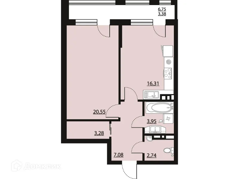 Планировка 1-комнатной квартиры 57.29 м² в ЖК "Бунин", г. Воронеж — фото 1