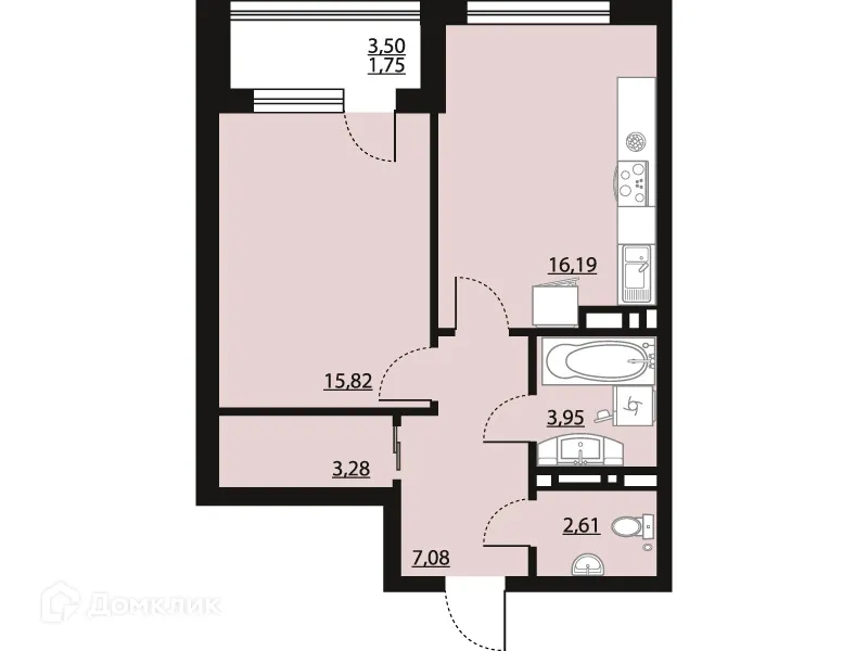 Планировка 1-комнатной квартиры 50.68 м² в ЖК "Бунин", г. Воронеж — фото 1