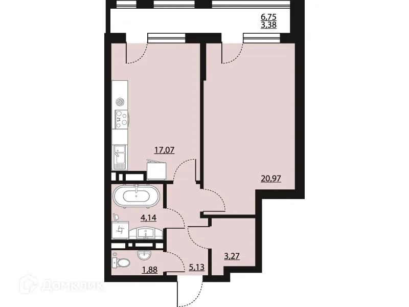 Планировка 1-комнатной квартиры 55.84 м² в ЖК "Бунин", г. Воронеж — фото 1