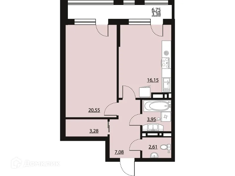 Планировка 1-комнатной квартиры 57 м² в ЖК "Бунин", г. Воронеж — фото 1