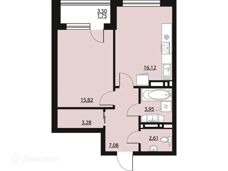 Планировка 1-комнатной квартиры 50.61 м² в ЖК "Бунин", г. Воронеж — фото 1