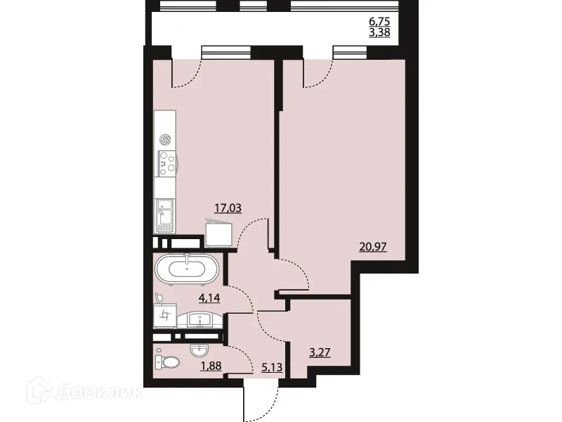 Планировка 1-комнатной квартиры 55.8 м² в ЖК "Бунин", г. Воронеж — фото 1