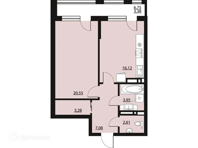 Планировка 1-комнатной квартиры 56.97 м² в ЖК "Бунин", г. Воронеж — фото 1