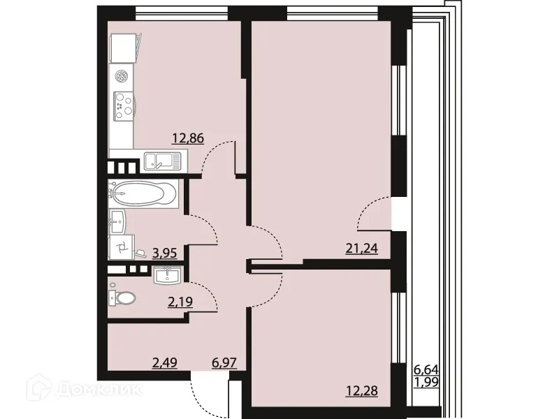 Планировка 2-комнатной квартиры 63.97 м² в ЖК "Бунин", г. Воронеж — фото 1